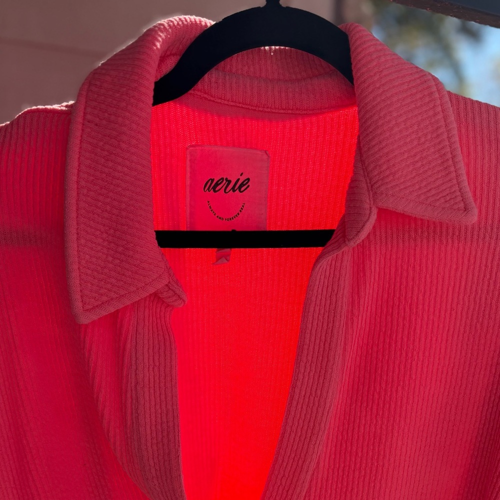 Aerie Cropped 3/4 Sleeve Vibrant Pink Ribbed Sweatshirt, SZ L/XL - Picture 2 of 3